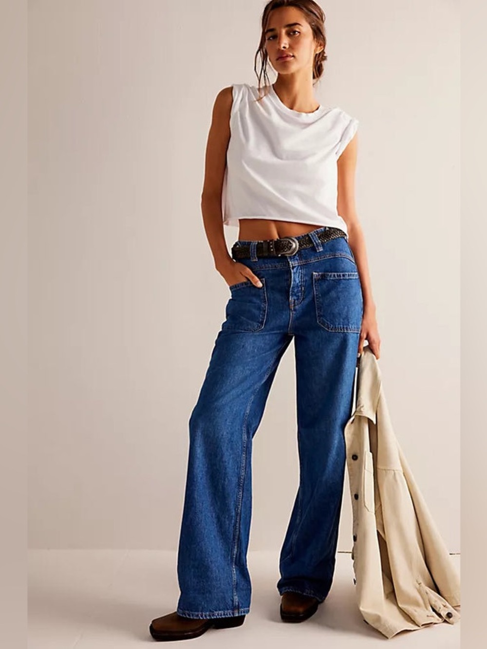 We The Free Free People Patch Pocket Wide Leg Jeans Dark Wash Size 30